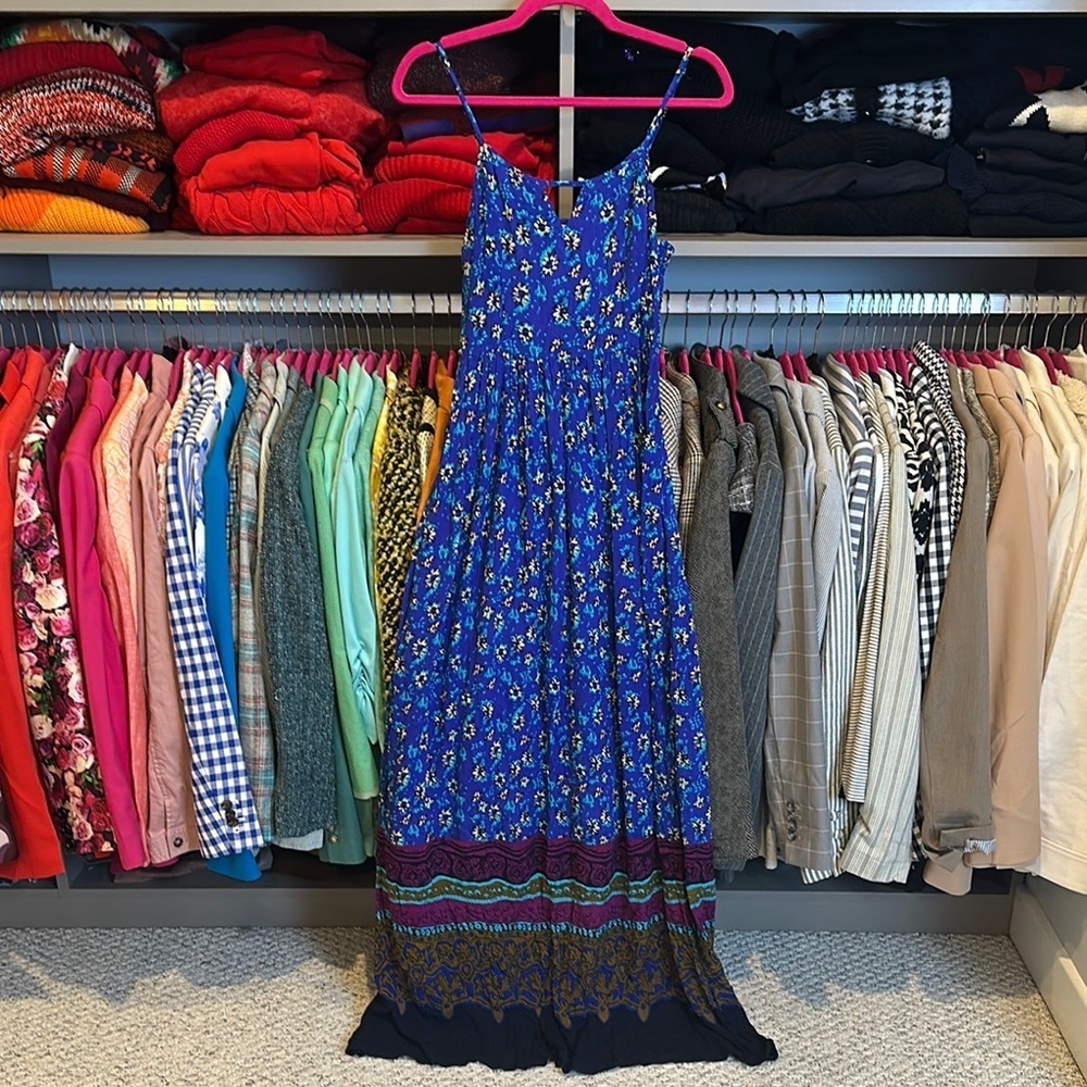 Forever 21 blue/yellow floral smocked back adjustable strap maxi dress